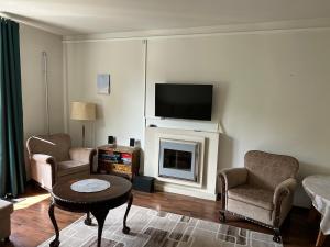 a living room with a fireplace with a flat screen tv at Kuremaa Lake in Kuremaa