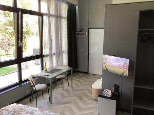 a hotel room with a desk and a tv in a room at B&B DownUnder in Vlissingen
