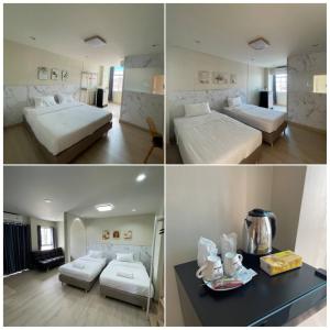 three pictures of a hotel room with two beds and a table at ปากช่องอพาร์ทเม้นท์ in Pak Chong