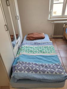 two beds in a room with a mirror at Simple Übernachtungsmöglichkeit in Krumbach