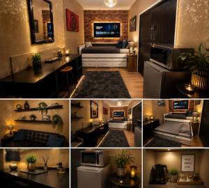 a collage of photos of a kitchen and a living room at Phoenix Nights Guest House in Barrow in Furness