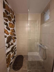 a bathroom with a shower with a stone wall at Ονειρόπετρα 1 in Mouzaki +18 photos