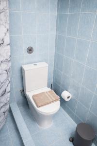 a bathroom with a toilet in a blue tiled room at Calithera in Samothraki +60 photos