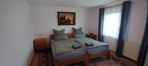 a bedroom with a bed and a window at Ferienhaus Feldbrise in Gottesgabe