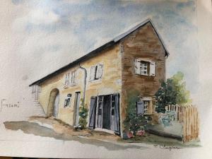 a painting of a building with a house at Et la froumi in Lavigny