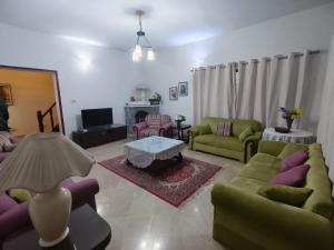 a living room with green couches and a table at Naqvi House in Murree