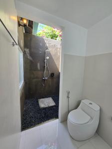a bathroom with a toilet and a shower at Piyo in Thoddoo