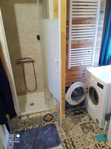 a bathroom with a shower and a washing machine at De particulier à particulier in Mauléon-Barousse
