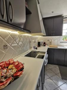a kitchen with a sink and a counter with food on it at Spring Harmony Trikala Pigi in Tríkala