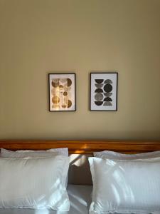 two framed pictures on a wall above a bed at Ngara Sleasure in Songea
