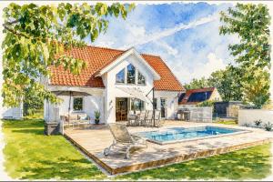 a drawing of a house with a swimming pool at Poolvilla på Österlen in Brantevik