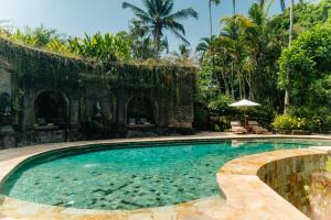 a swimming pool in a yard with a umbrella at Ibah in Ubud