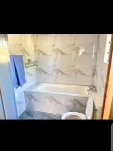 a bathroom with a toilet and a bath tub at Munjiz Lodge in Livingstone