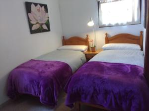 ティハラフェにあるCasa Rural Los Padres Aの紫と白のシーツが備わる客室のベッド2台