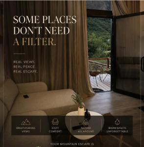 a room with a couch and a sign that says some places dont need a filter at Sky Chalet in Ndërlysaj +3 photos