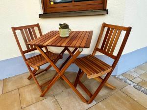 a wooden table with two chairs and a potted plant at Appartement Mari Lou in Ebermannstadt