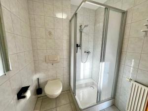 a bathroom with a shower and a toilet and a shower at Appartement Mari Lou in Ebermannstadt