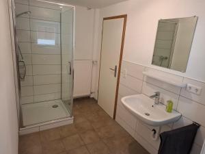 a bathroom with a glass shower and a sink at Zum oid'n Leidlhof in Berching