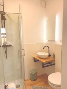 a bathroom with a shower and a sink and a toilet at Atelierhaus Hilmsen in Wallstawe +19 photos