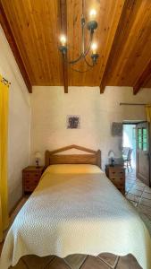 a bedroom with a large bed with a chandelier at Lugar dos Devas in Covelo