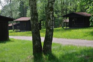 two trees in a field with two small buildings at Chatová Osada Pohádka in Vazačka