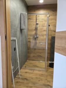 a shower in a bathroom with a wooden wall at Via Mare in Jantar +34 photos