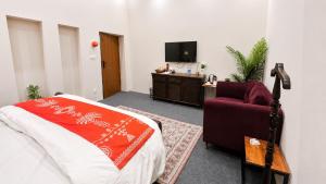a bedroom with a bed and a chair and a tv at Royal Palm Villa in Rawalpindi