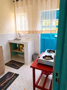 a small kitchen with a stove and a sink at LaDee Homes Cozy 1 bedroom in Kakamega - Old National Housing Estate in Kakamega