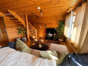 a living room with a couch in a log cabin at Chalet O Refúgio 2 in Penhas da Saúde