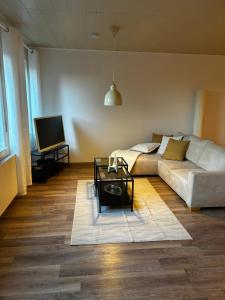 a living room with a couch and a tv at Wohnung mit Terrasse in Hirschaid