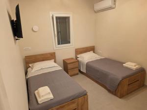 two beds in a small room with a window at Apsila Suites Mykonos in Mikonos