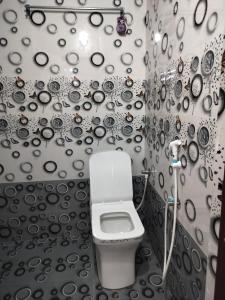 a bathroom with a toilet and a wall covered in mirrors at YVs Hungry island in Bāpatla