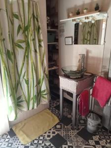 a bathroom with a sink and a mirror at Le repaire des écureuils in Bourg-Argental