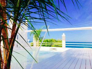 a view of the ocean from a house with a palm tree at Playa del Mar - Adults Only in Monopoli