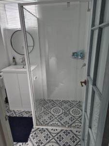a bathroom with a shower and a mirror at Avocet Apartment in Perth +18 photos
