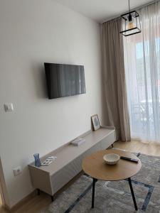 a living room with a couch and a table at AURA apartment Vogošća, Sarajevo in Vogošća