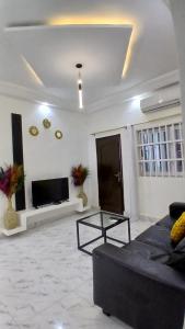a living room with a couch and a tv at Studio de luxe avec jacuzzi in Porto-Novo