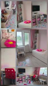 a collage of photos of a room with a bedroom at Cozy Stay Širvintos in Širvintos