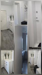 a collage of four photos of a room with white cabinets at Cozy Stay Širvintos in Širvintos