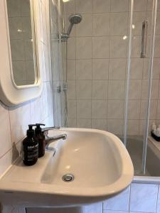 a bathroom sink with two bottles of soap on it at Dom Szalkowo Jeziorak Pavillon in Szałkowo +30 photos