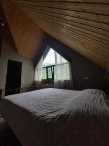 a bedroom with a large bed with a large window at Villa Okatse in Zeda-Gordi