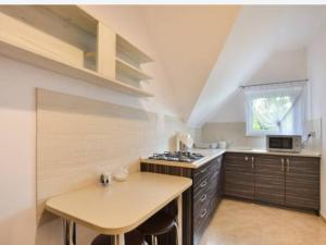 a kitchen with a table and a stove in it at Noclegi Pod Lasem in Polańczyk