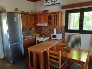 a kitchen with a wooden table and a refrigerator at Sea view Dilesi in Dhílesi