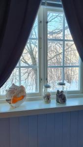 three jars sitting on a window sill in front of a window at Handelsstedet Forvik in Vevelstad