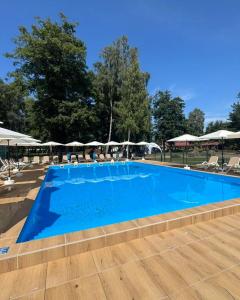 a large blue swimming pool with chairs and umbrellas at Rewita Mielno Harmonia in Mielno