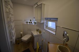 ein Badezimmer mit Toilette, Waschbecken und Fenster in der Unterkunft Ferienwohnung Wesernest in Hessisch Oldendorf