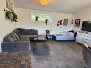 a living room with a couch and a table at Hyggeligt hus. in Holstebro