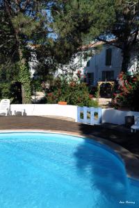 a large blue swimming pool in front of a house at Manade Cavallini - Mas de Pioch in Saintes-Maries-de-la-Mer