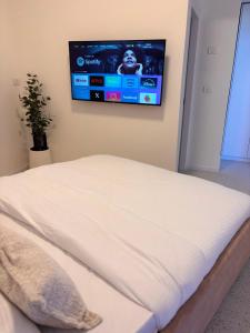アシュドッドにあるAsuiteの壁に薄型テレビが設置されたベッドのある寝室