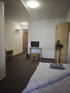 a room with a bed and a desk and a television at Penzion Moyzes in Banská Bystrica +45 photos